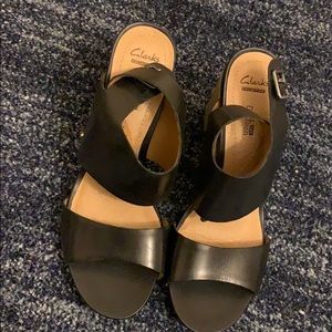 Blue open block heels